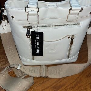 True Religion White and Tan Crossbody Bag with Textured Design